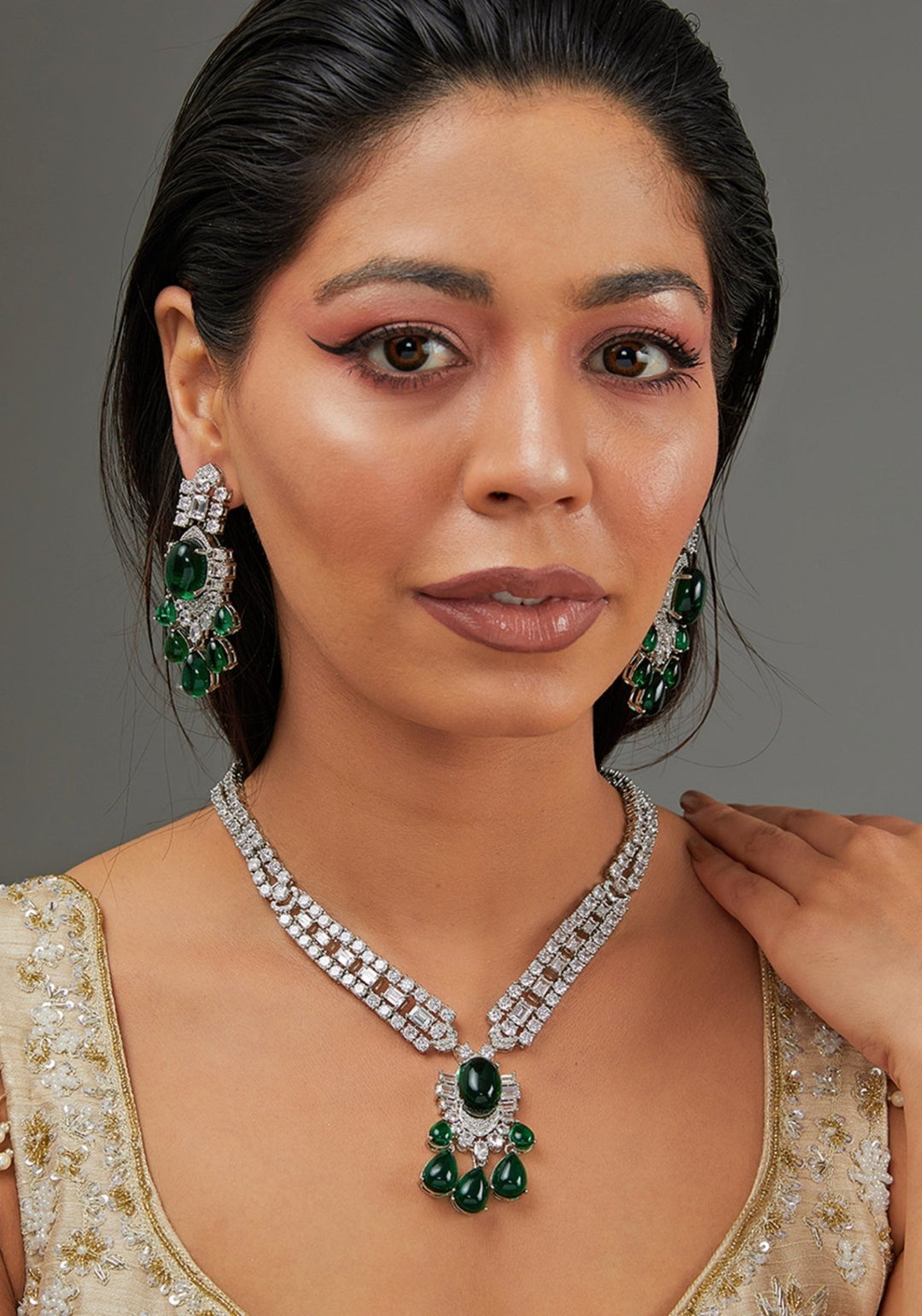 Faux Diamond And Green Stones Necklace Set Zevar by Geeta - Fabilicious Fashion