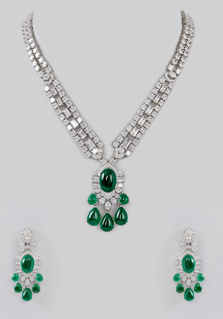 Faux Diamond And Green Stones Necklace Set Zevar by Geeta - Fabilicious Fashion