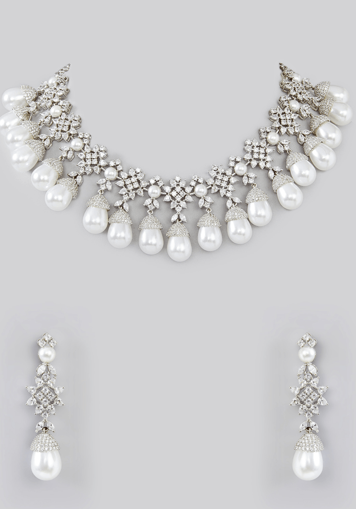 Faux Diamond And Pearl Necklace Set Zevar by Geeta - Fabilicious Fashion
