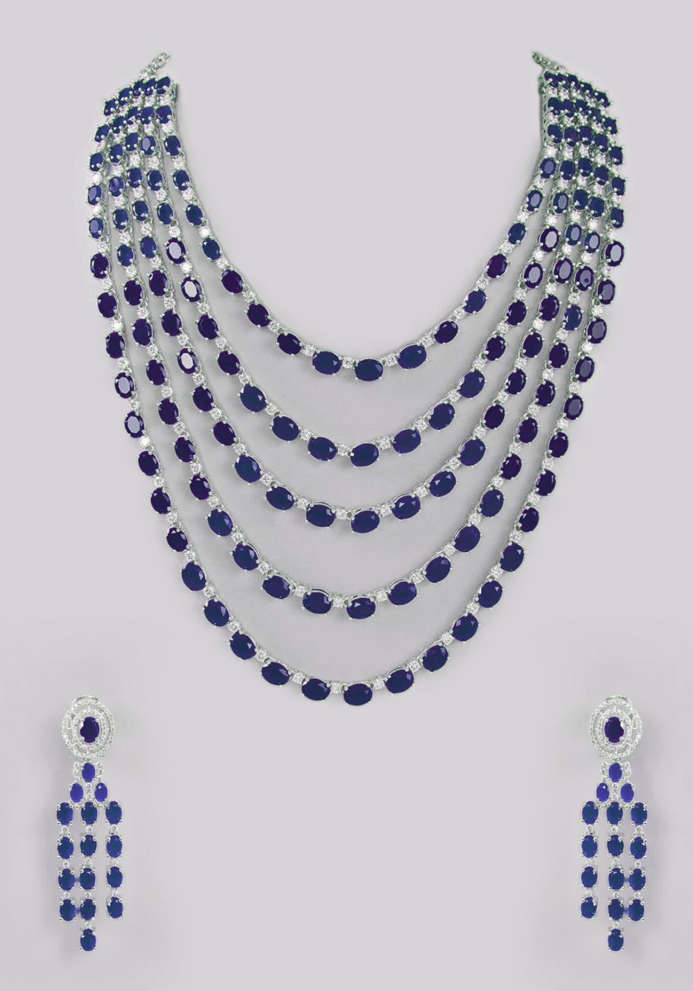Faux Diamond And Sapphire Blue Layered Necklace Set Zevar by Geeta - Fabilicious Fashion