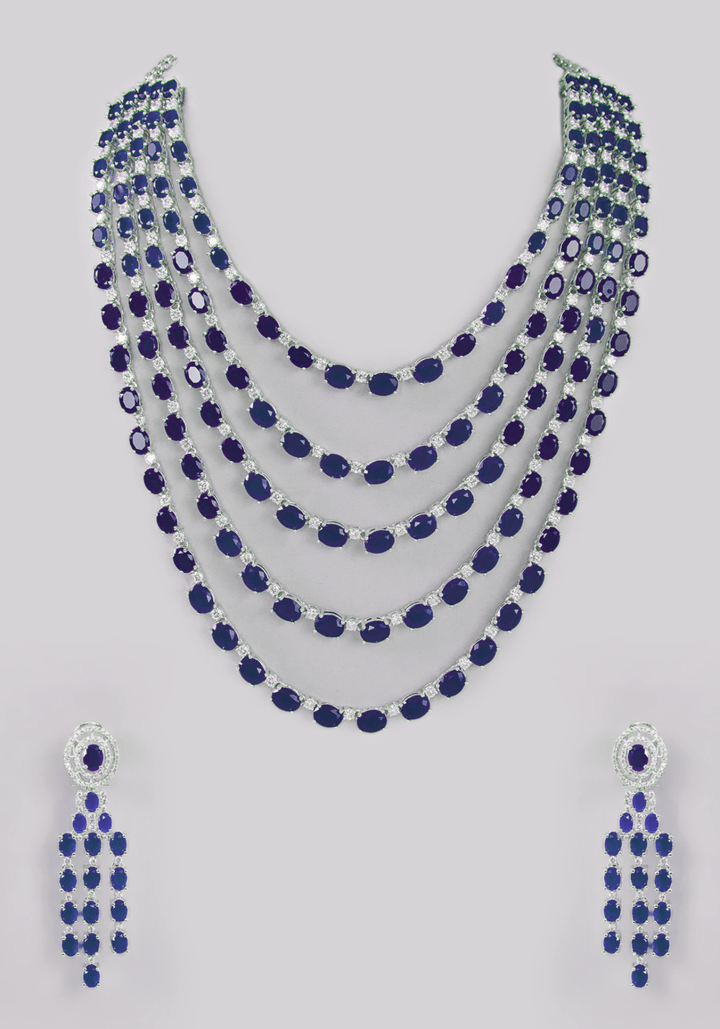 Faux Diamond And Sapphire Blue Layered Necklace Set Zevar by Geeta - Fabilicious Fashion