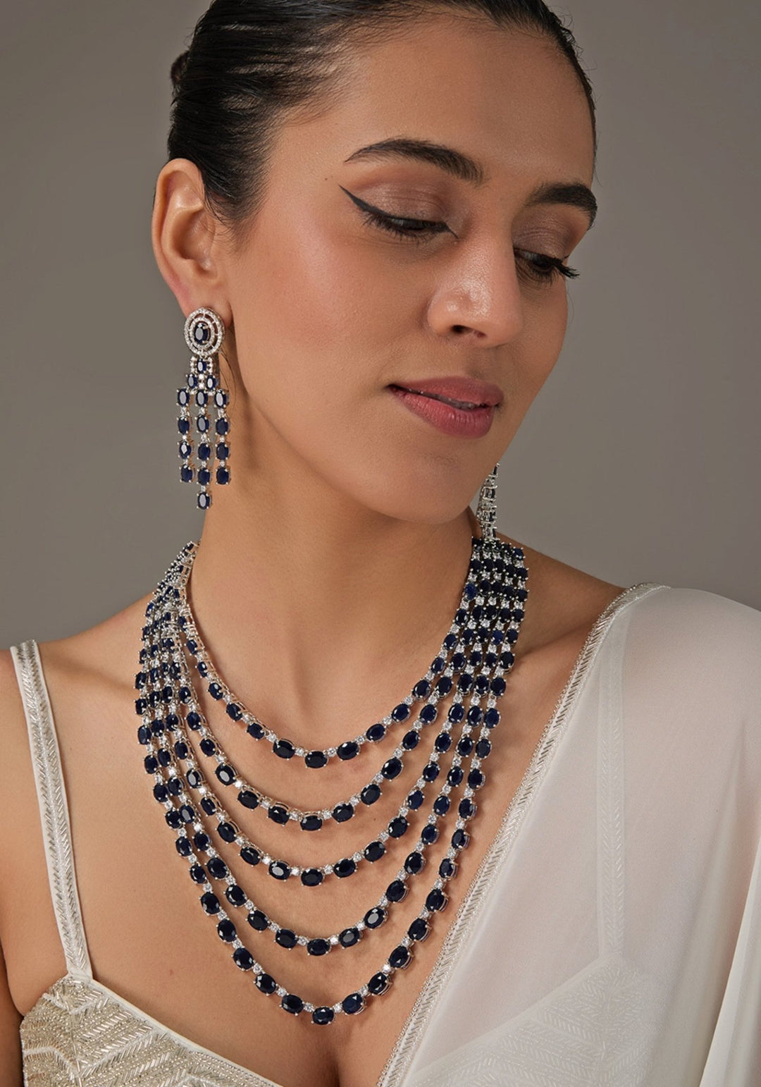 Faux Diamond And Sapphire Blue Layered Necklace Set Zevar by Geeta - Fabilicious Fashion