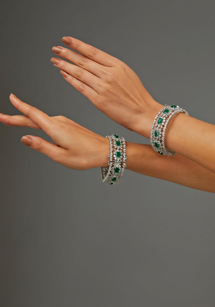 Faux Diamond Bangles With Green Stones