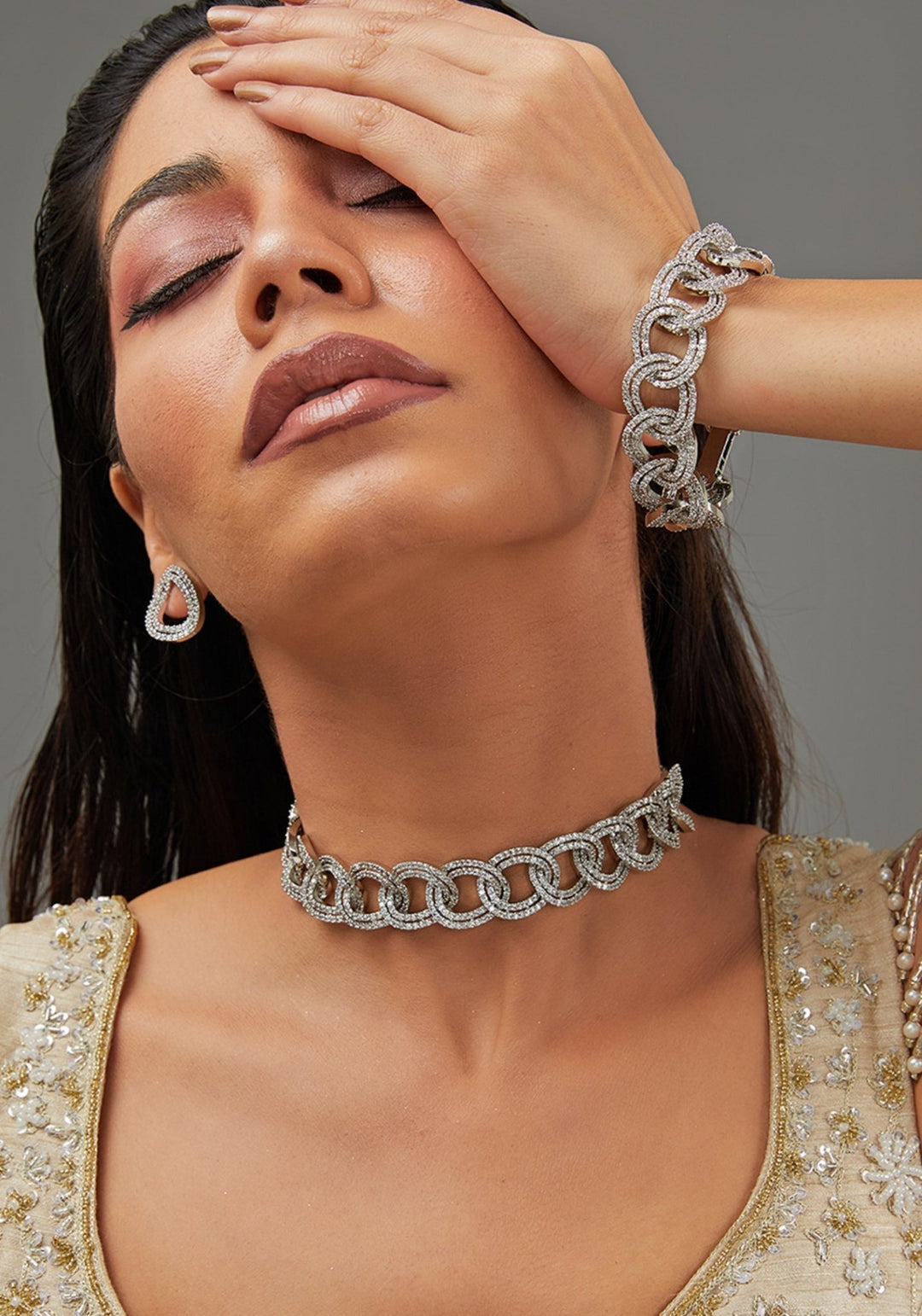 Faux Diamond Chain Necklace Set Zevar by Geeta - Fabilicious Fashion