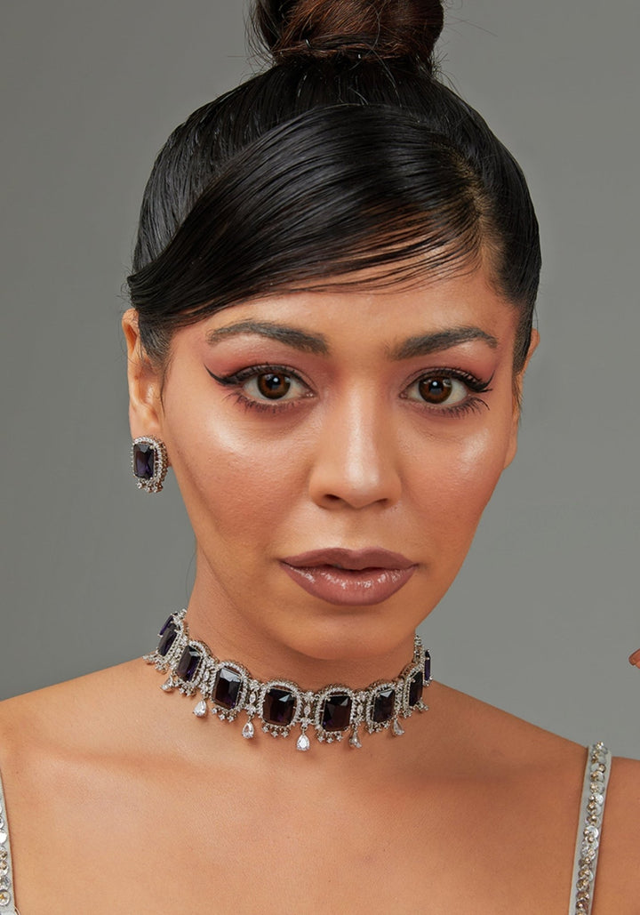 Faux Diamond Choker With Blue Stones Zevar by Geeta - Fabilicious Fashion