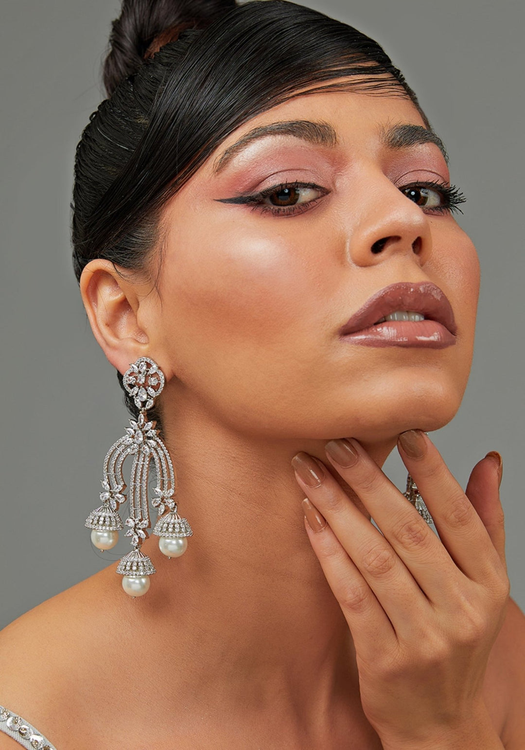 Faux Diamond Dangling Earrings With Pearl Drops Zevar by Geeta - Fabilicious Fashion