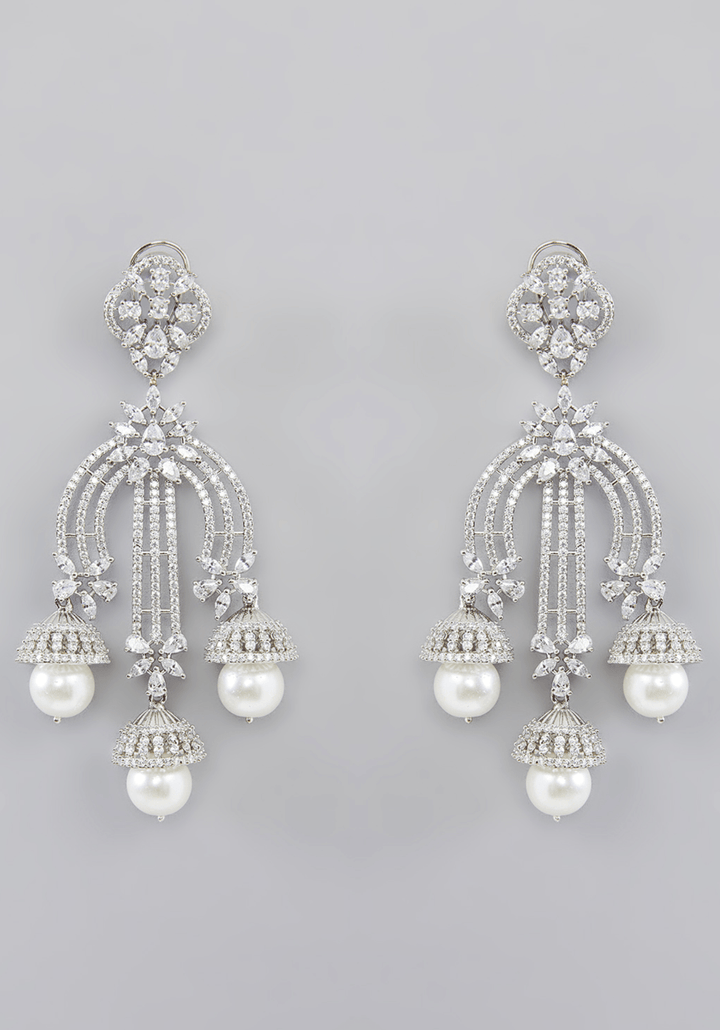Faux Diamond Dangling Earrings With Pearl Drops Zevar by Geeta - Fabilicious Fashion