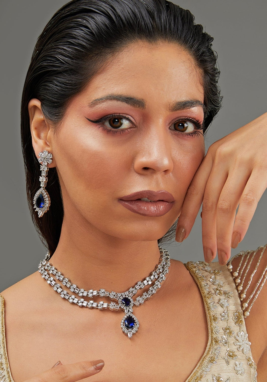 Faux Diamond Necklace Set With Blue Stones Zevar by Geeta - Fabilicious Fashion