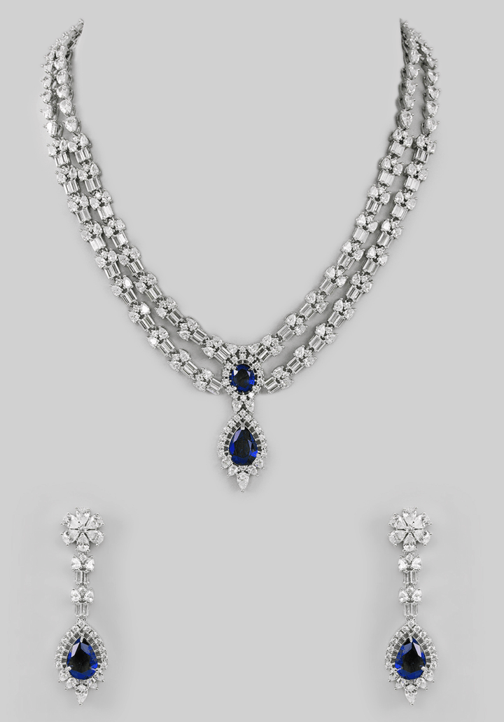 Faux Diamond Necklace Set With Blue Stones Zevar by Geeta - Fabilicious Fashion
