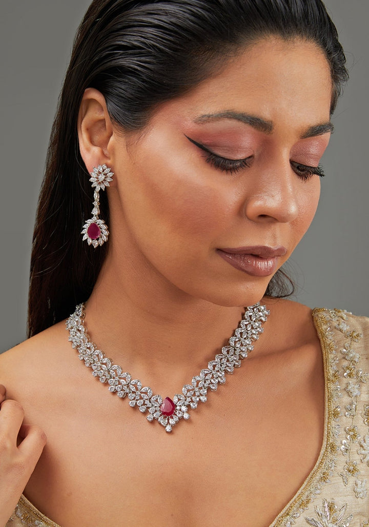 Faux Diamond Necklace With Red Pink Stones Zevar by Geeta - Fabilicious Fashion