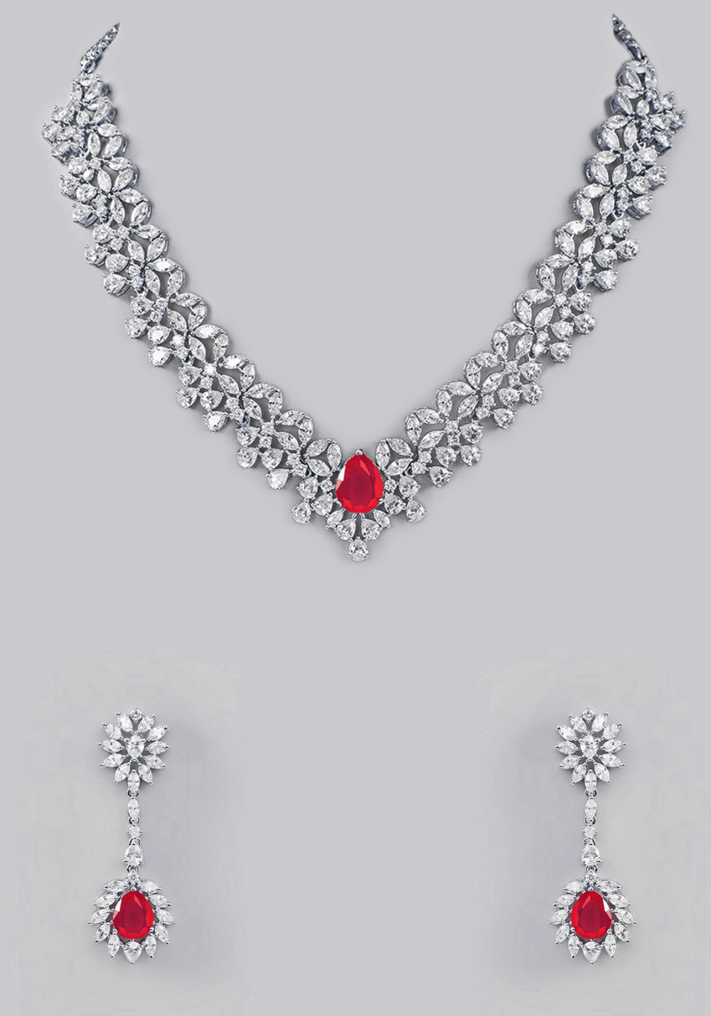 Faux Diamond Necklace With Red Pink Stones Zevar by Geeta - Fabilicious Fashion