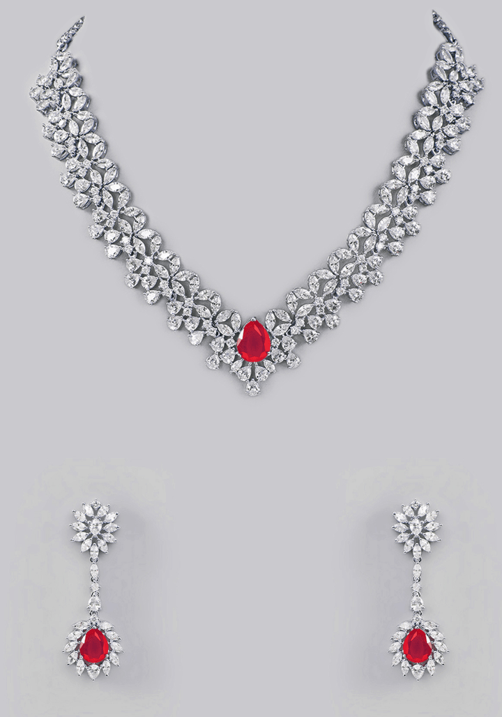 Faux Diamond Necklace With Red Pink Stones Zevar by Geeta - Fabilicious Fashion