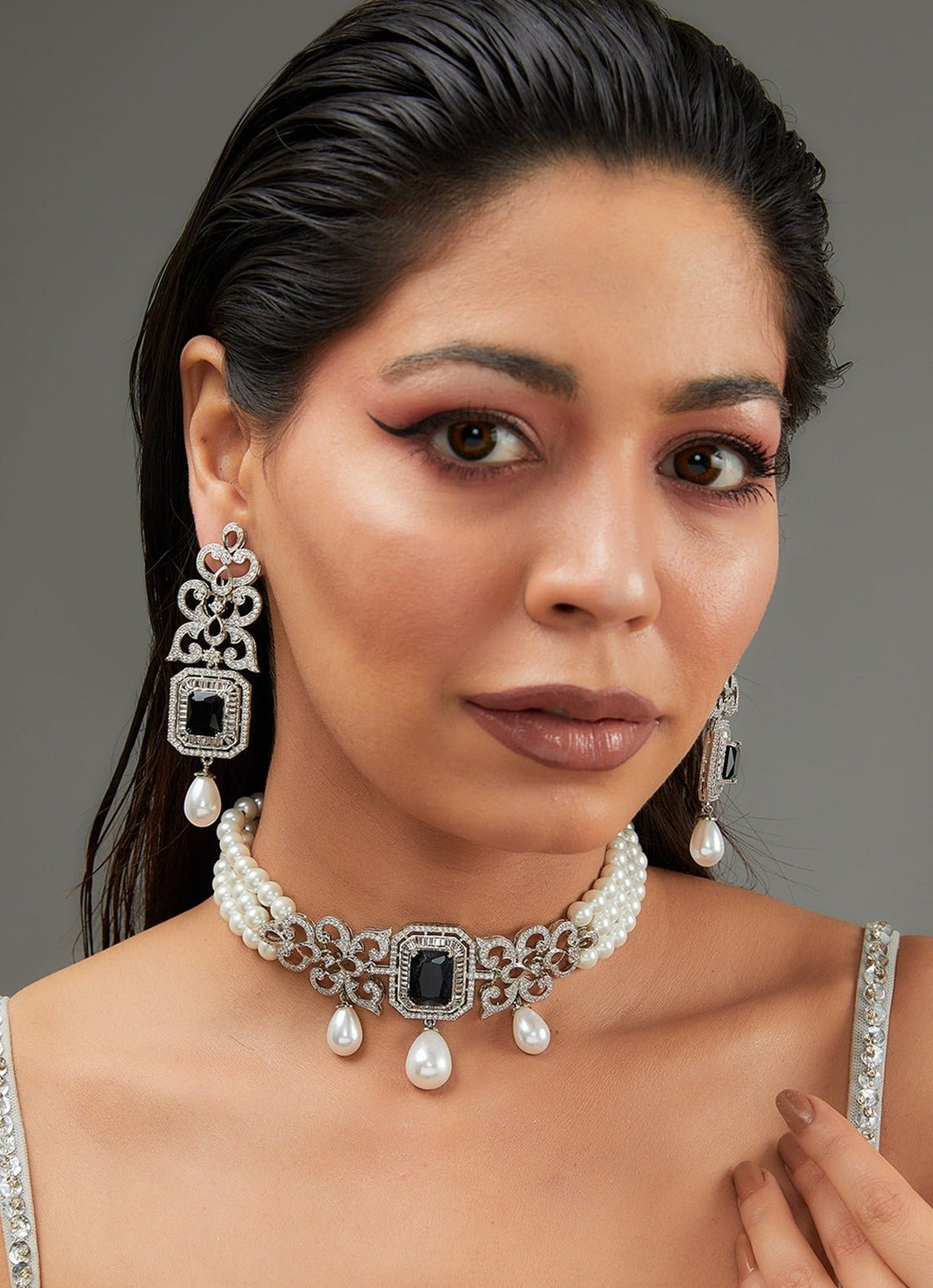 Faux Diamond Pearl Necklace Set With Black Stone Zevar by Geeta - Fabilicious Fashion