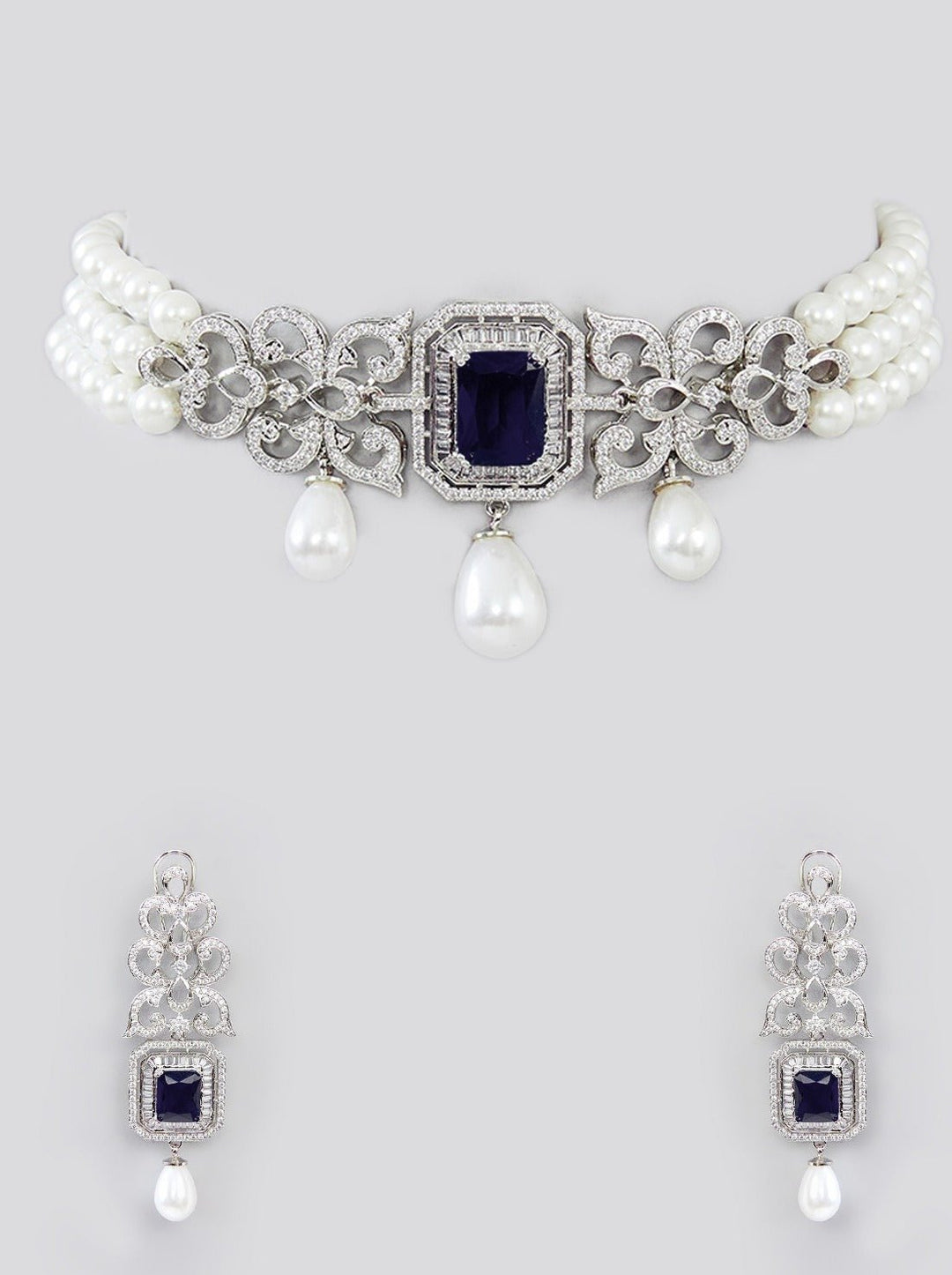 Faux Diamond Pearl Necklace Set With Black Stone Zevar by Geeta - Fabilicious Fashion