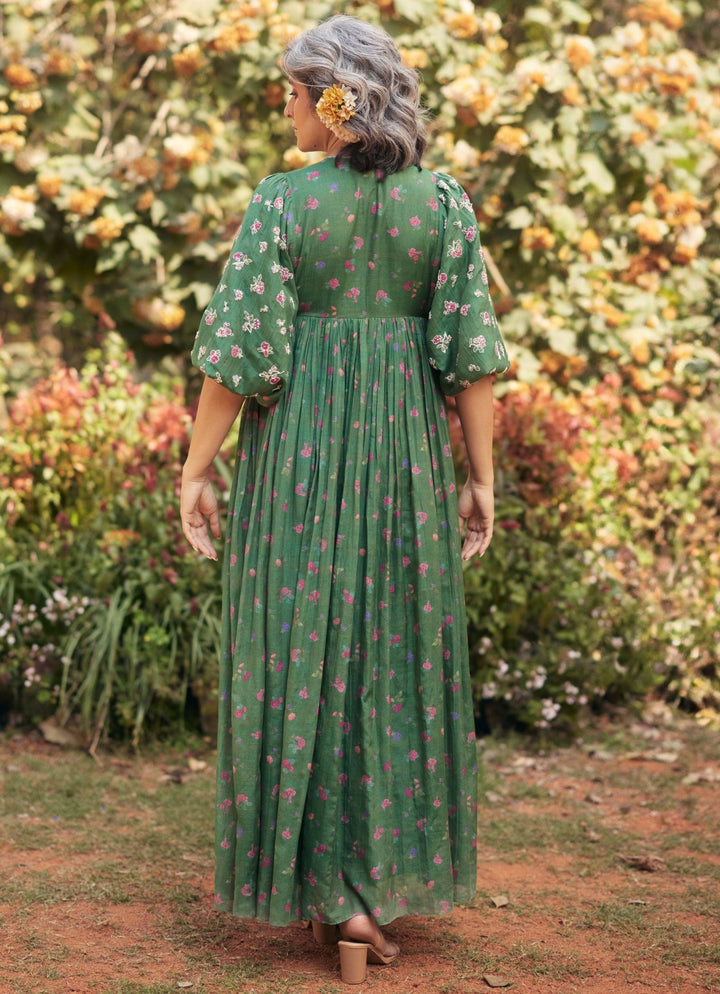 Fern Green Floral Printed Chanderi Maxi Dress Paulmi and Harsh - Fabilicious Fashion
