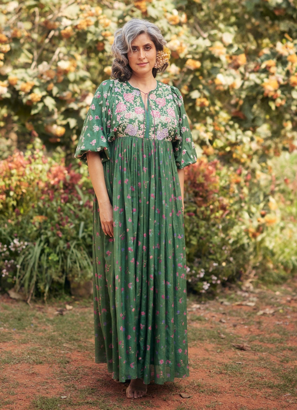 Fern Green Floral Printed Chanderi Maxi Dress Paulmi and Harsh - Fabilicious Fashion