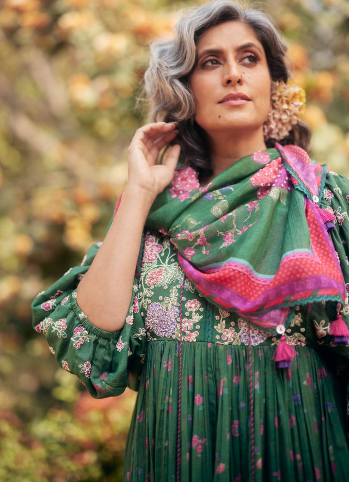 Fern Green Floral Printed Chanderi Maxi Dress Paulmi and Harsh - Fabilicious Fashion