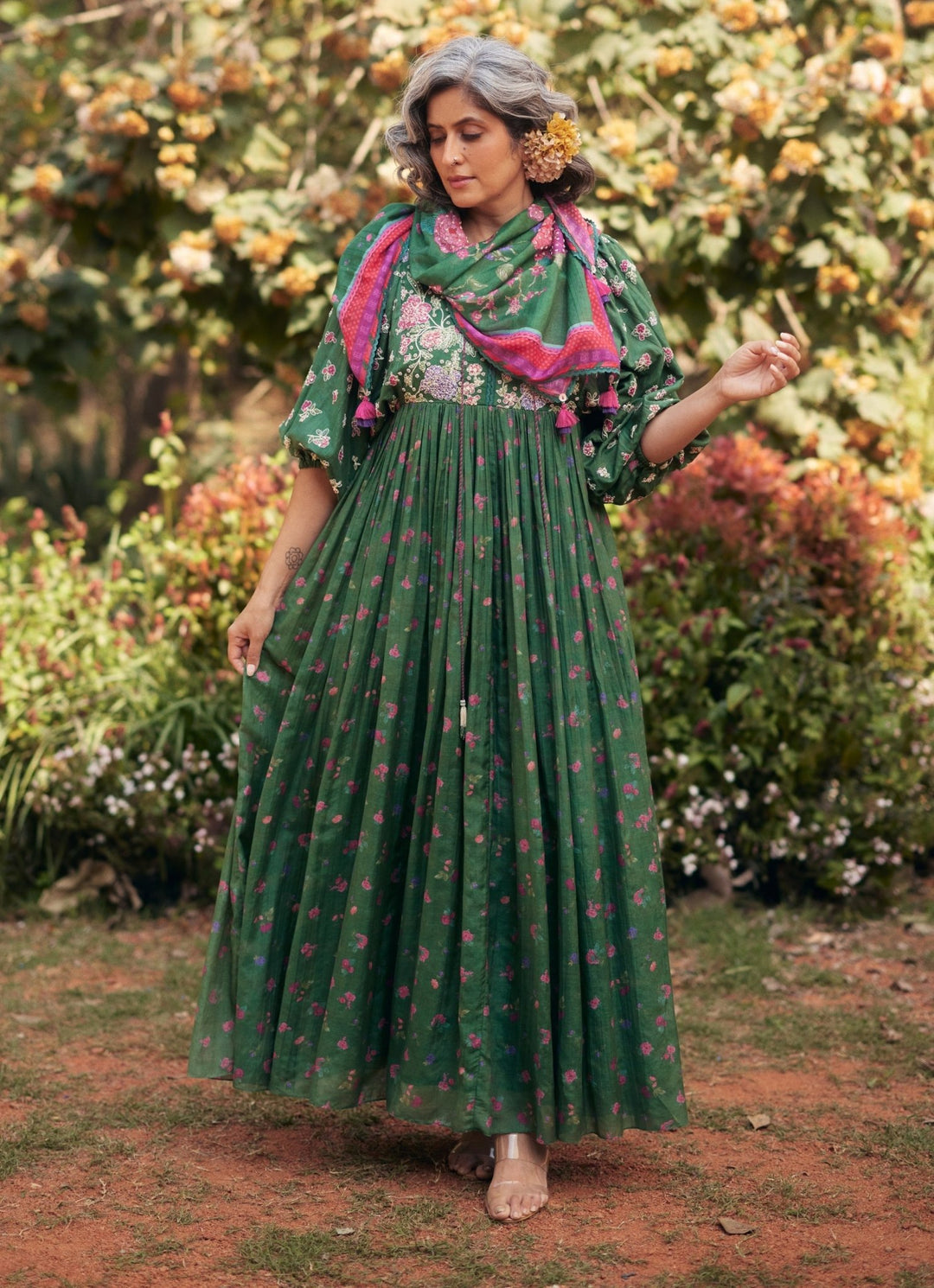 Fern Green Floral Printed Chanderi Maxi Dress Paulmi and Harsh - Fabilicious Fashion