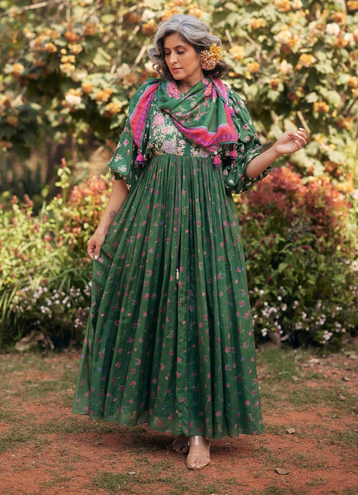 Fern Green Floral Printed Chanderi Maxi Dress Paulmi and Harsh - Fabilicious Fashion