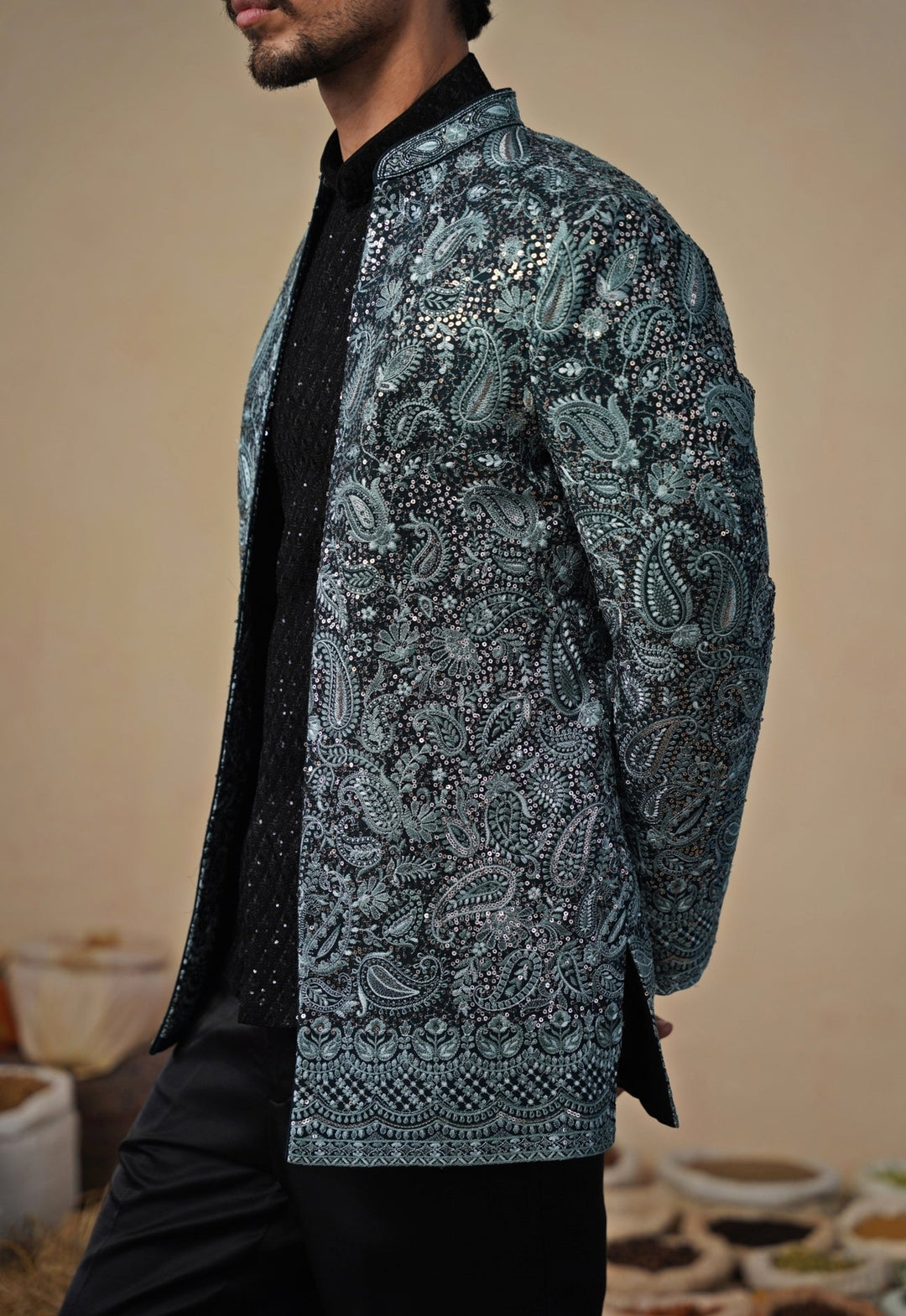 Firozi Blue and Black Georgette Jodhpuri Set Kalpraag - Fabilicious Fashion