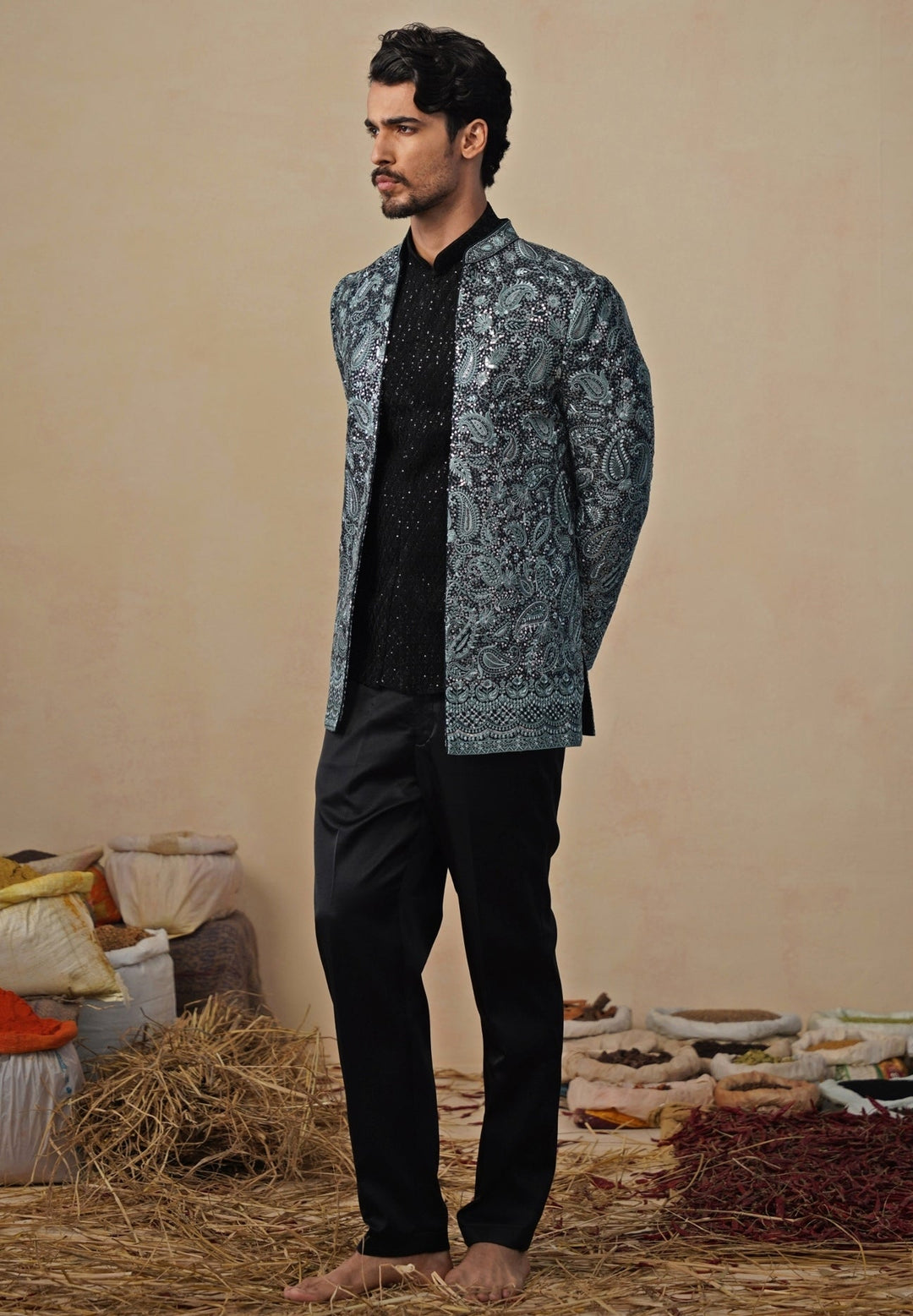 Firozi Blue and Black Georgette Jodhpuri Set Kalpraag - Fabilicious Fashion