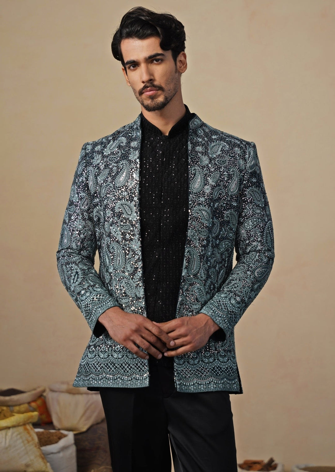 Firozi Blue and Black Georgette Jodhpuri Set Kalpraag - Fabilicious Fashion