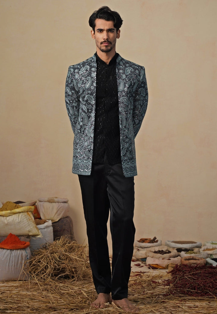 Firozi Blue and Black Georgette Jodhpuri Set Kalpraag - Fabilicious Fashion