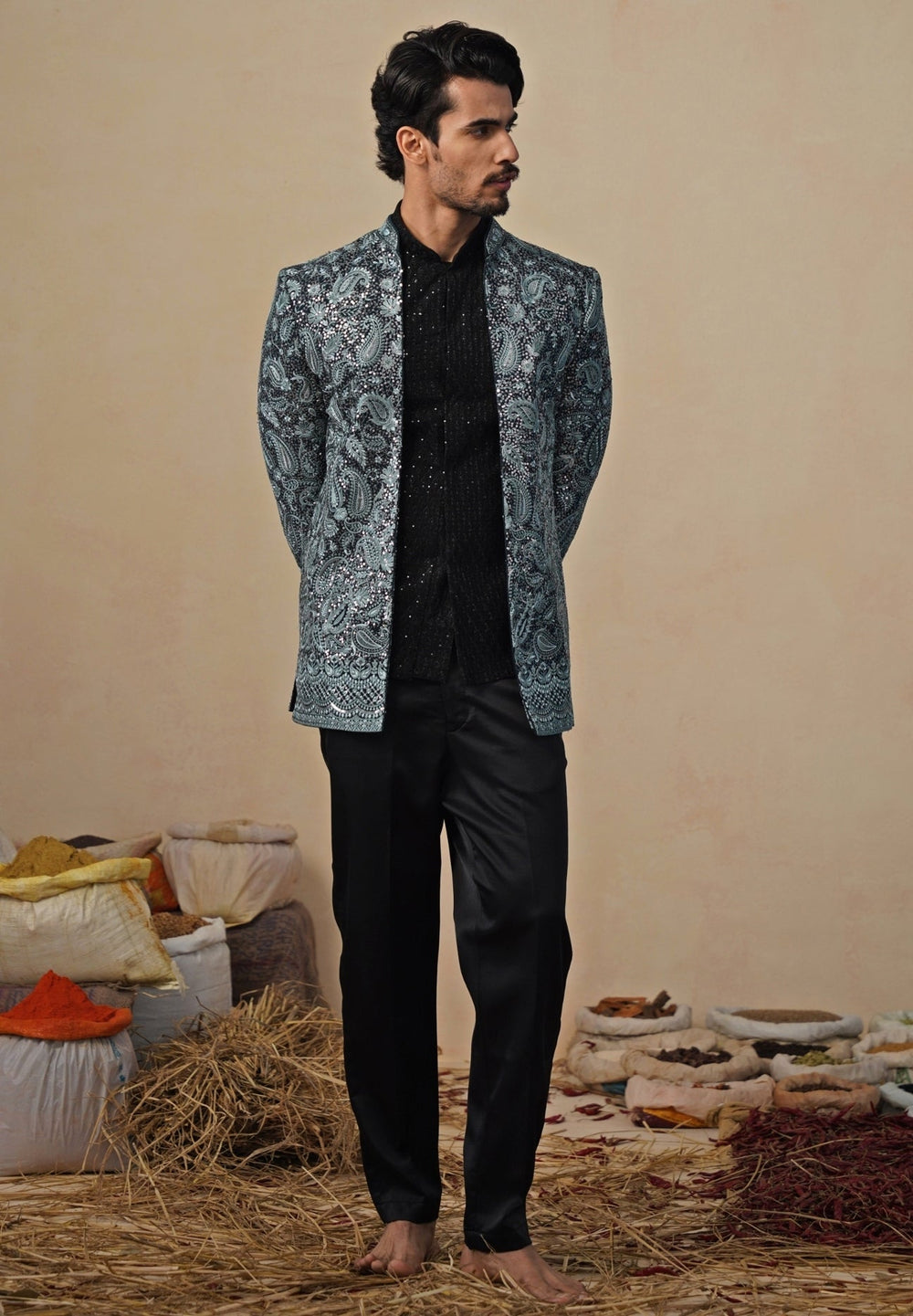 Firozi Blue and Black Georgette Jodhpuri Set Kalpraag - Fabilicious Fashion