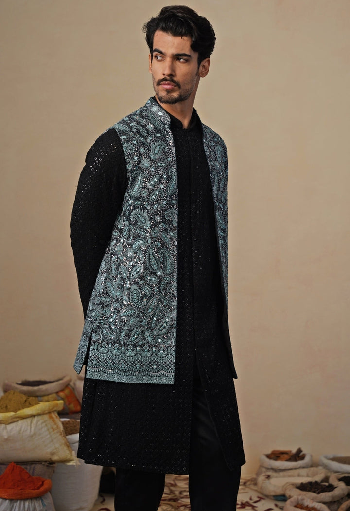 Firozi Blue and Black Georgette Kurta Jacket Set Kalpraag - Fabilicious Fashion