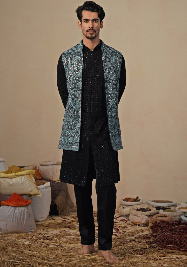 Firozi Blue and Black Georgette Kurta Jacket Set Kalpraag - Fabilicious Fashion