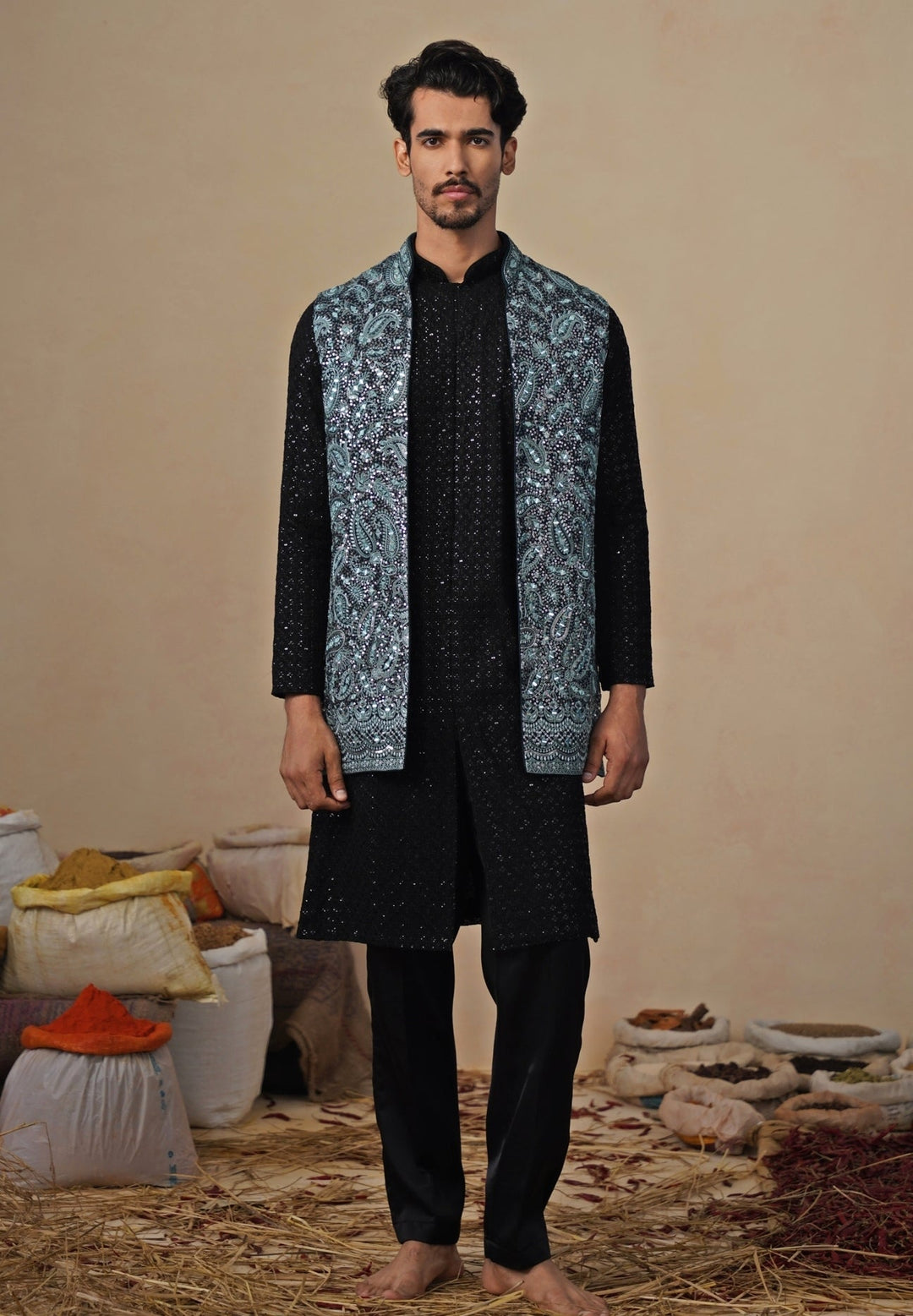 Firozi Blue and Black Georgette Kurta Jacket Set Kalpraag - Fabilicious Fashion