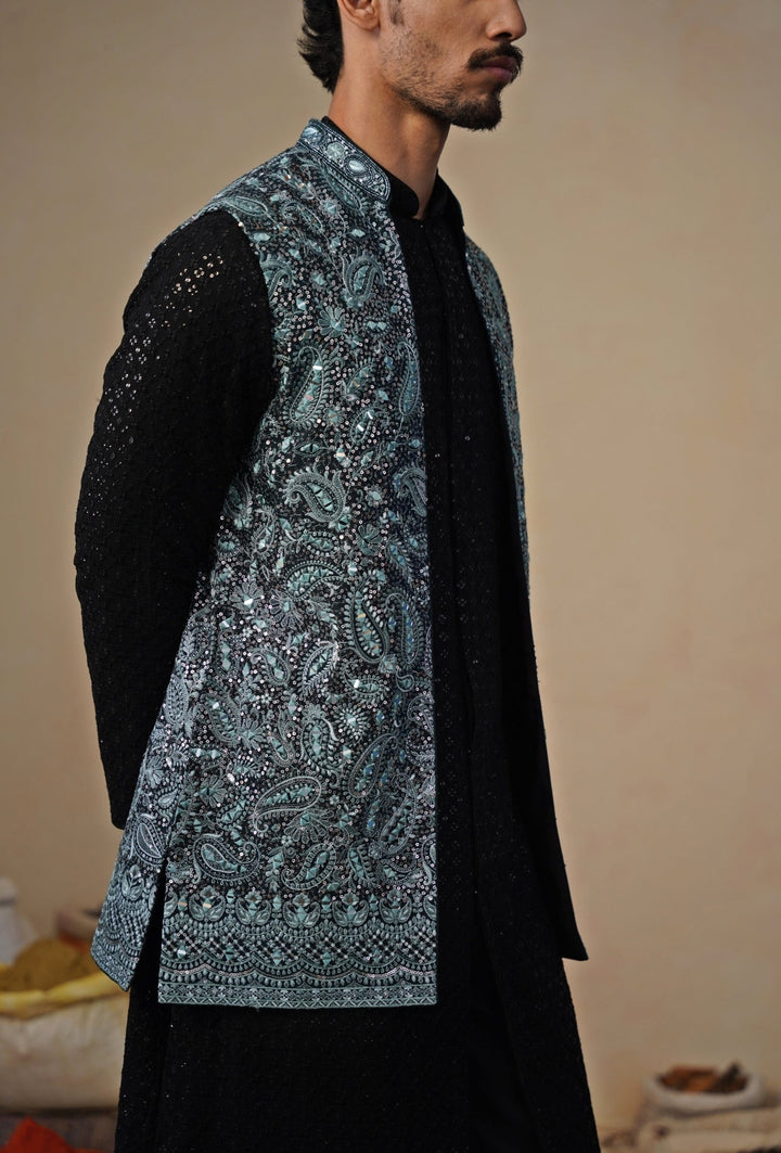 Firozi Blue and Black Georgette Kurta Jacket Set Kalpraag - Fabilicious Fashion