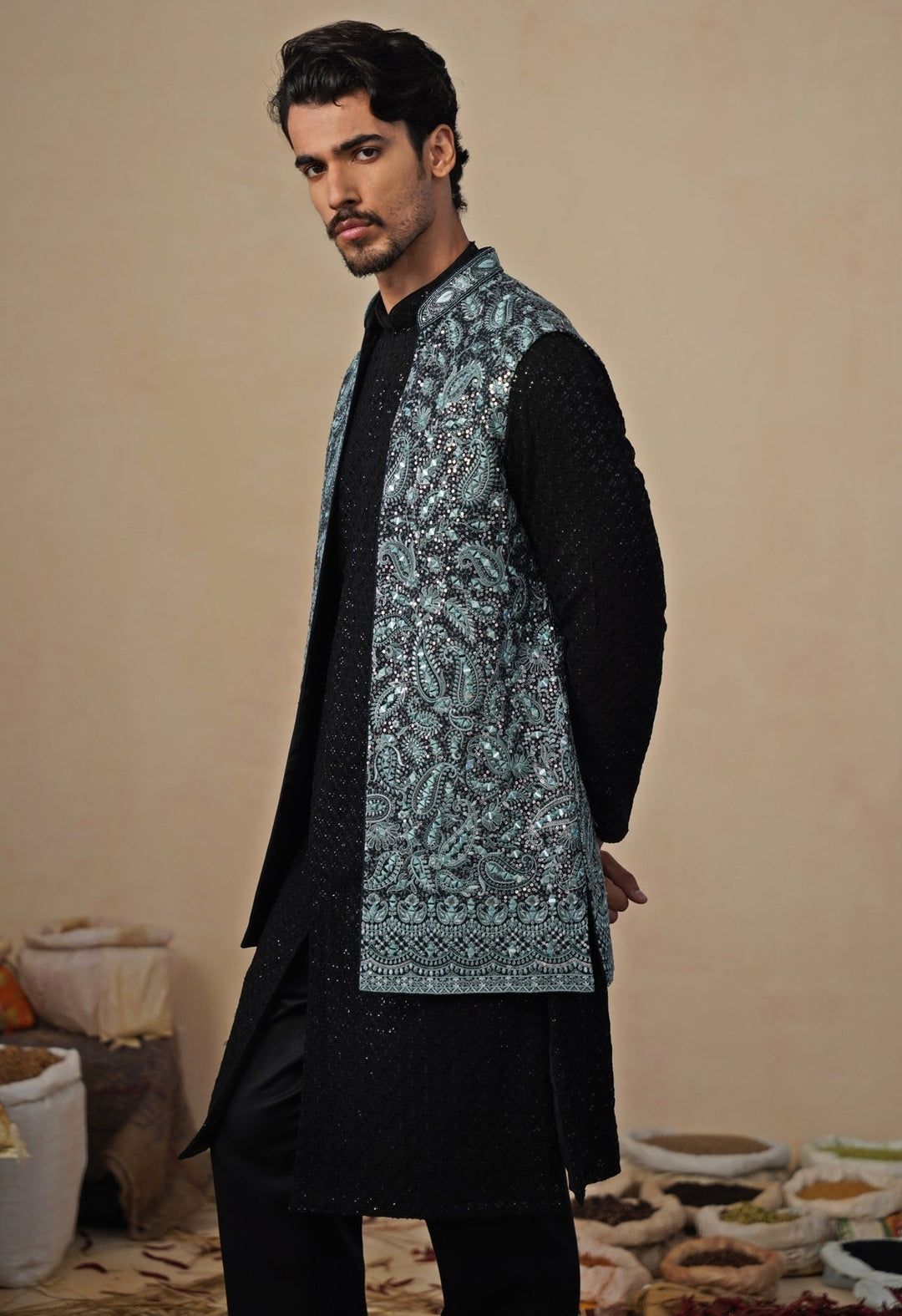 Firozi Blue and Black Georgette Kurta Jacket Set Kalpraag - Fabilicious Fashion