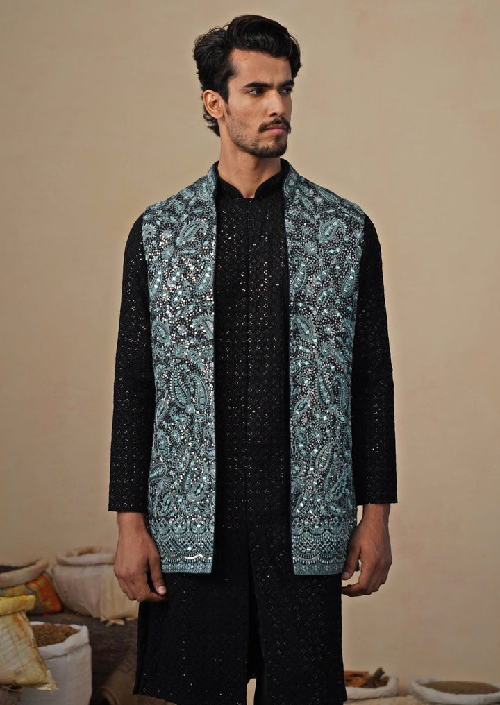 Firozi Blue and Black Georgette Kurta Jacket Set Kalpraag - Fabilicious Fashion