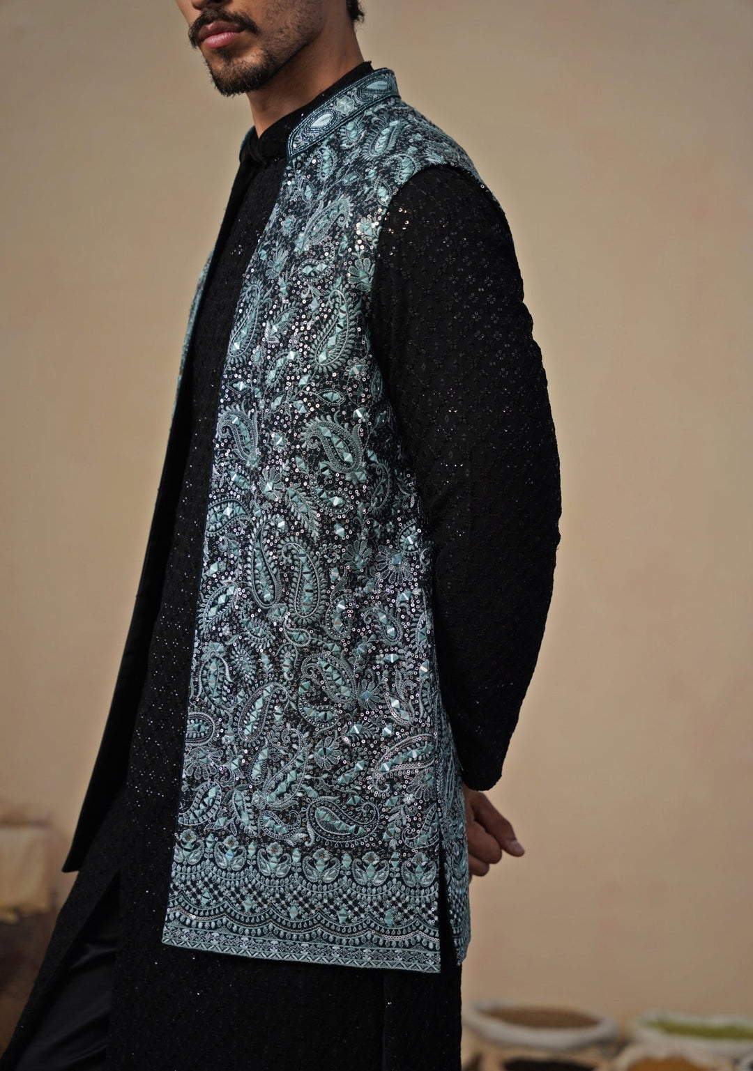 Firozi Blue and Black Georgette Kurta Jacket Set Kalpraag - Fabilicious Fashion