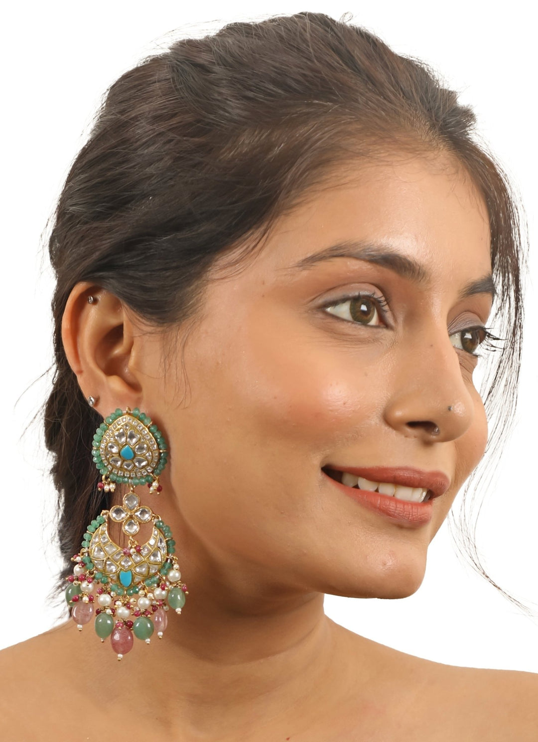 Firozi Earrings With Pastel Pink Beads Riana Jewellery - Fabilicious Fashion