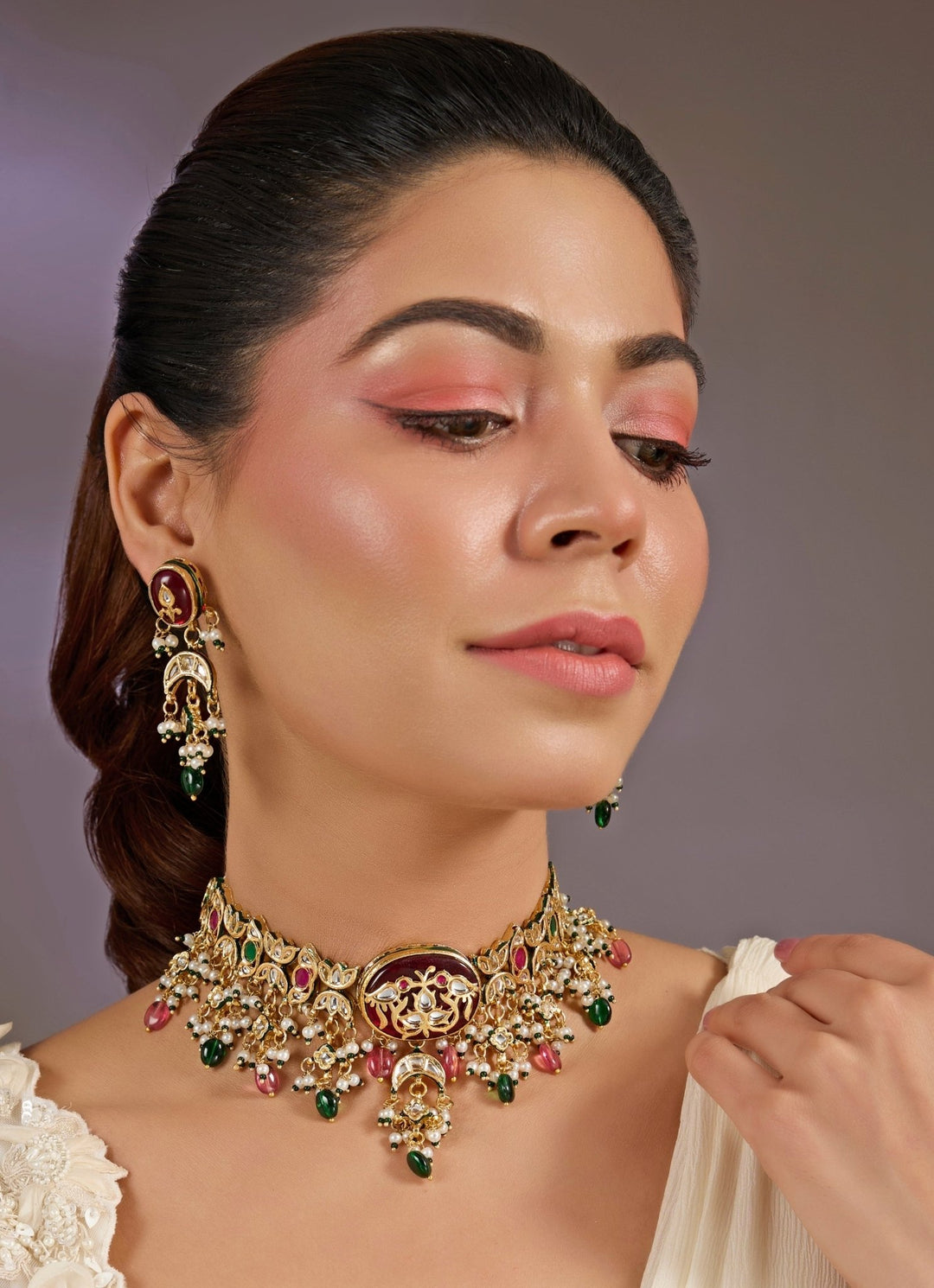 Floral Kundan Multicolour Choker Necklace Set Vivinia By Vidhi Mehra - Fabilicious Fashion