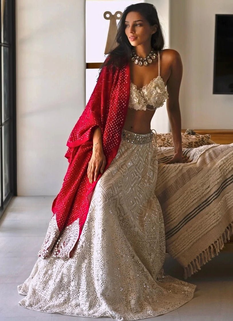 Floral Lace White Lehenga Set with Bandhani Dupatta Twenty Nine - Fabilicious Fashion