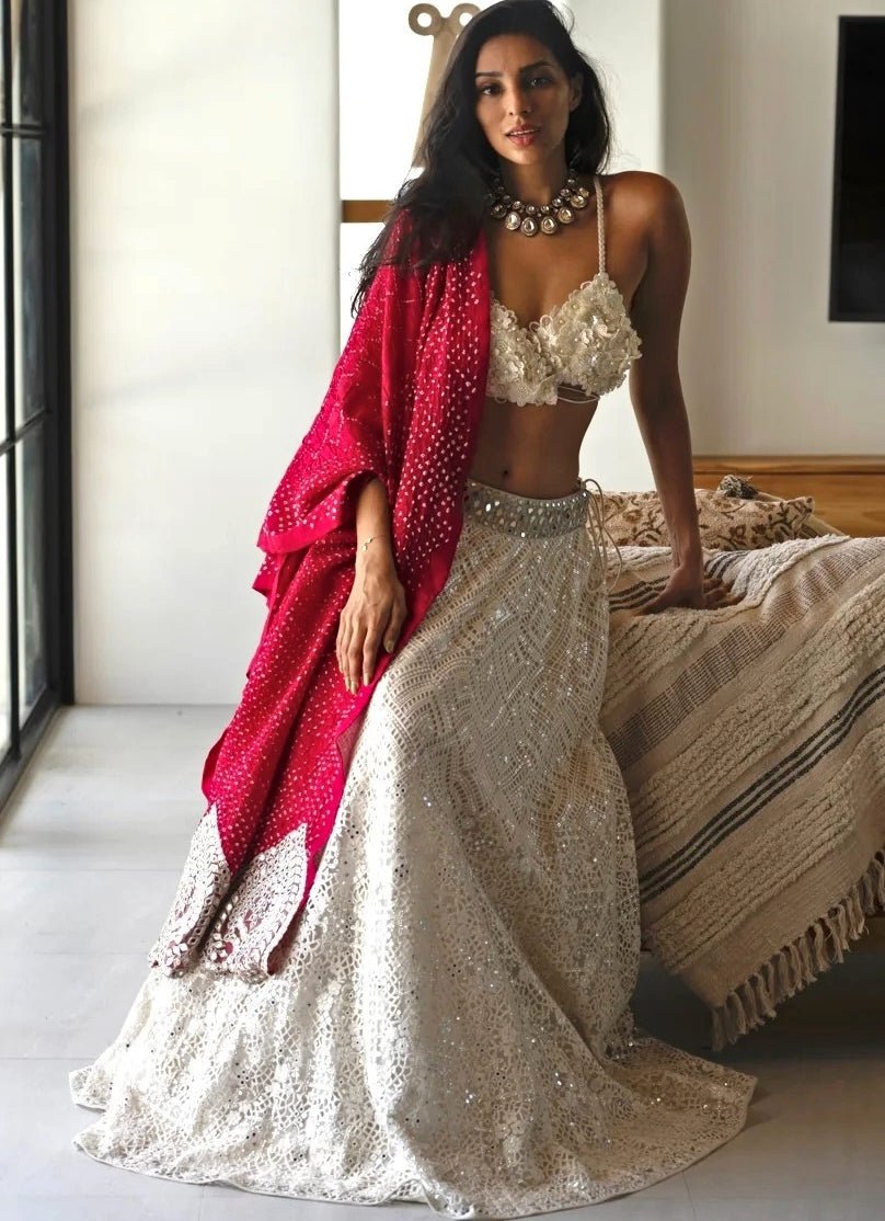 Floral Lace White Lehenga Set with Bandhani Dupatta Twenty Nine - Fabilicious Fashion