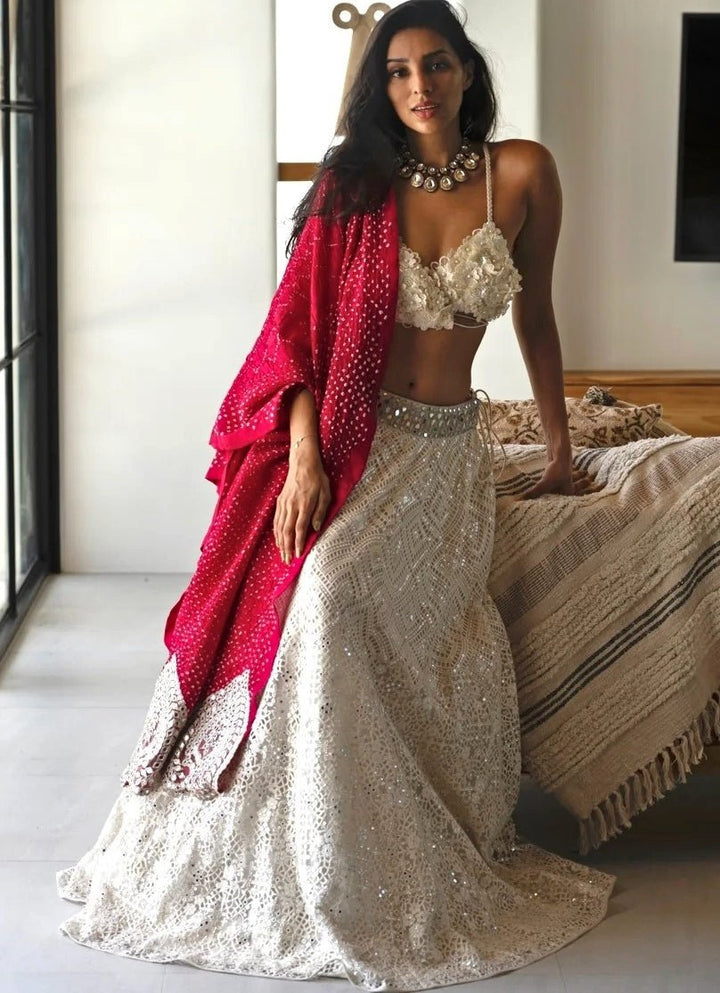 Floral Lace White Lehenga Set with Bandhani Dupatta Twenty Nine - Fabilicious Fashion