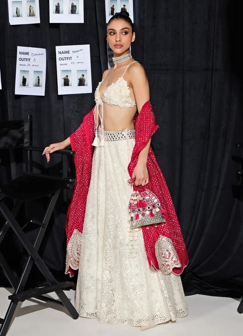 Floral Lace White Lehenga Set with Bandhani Dupatta Twenty Nine - Fabilicious Fashion