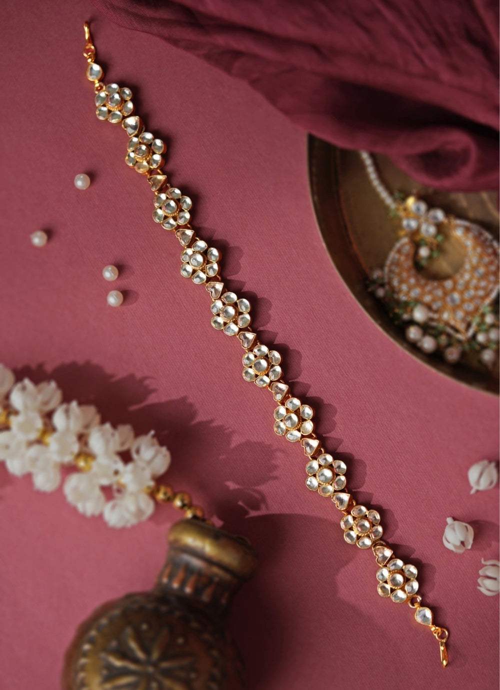 Floral Motifs Kundan Matte Gold Hairband Riana Jewellery - Fabilicious Fashion