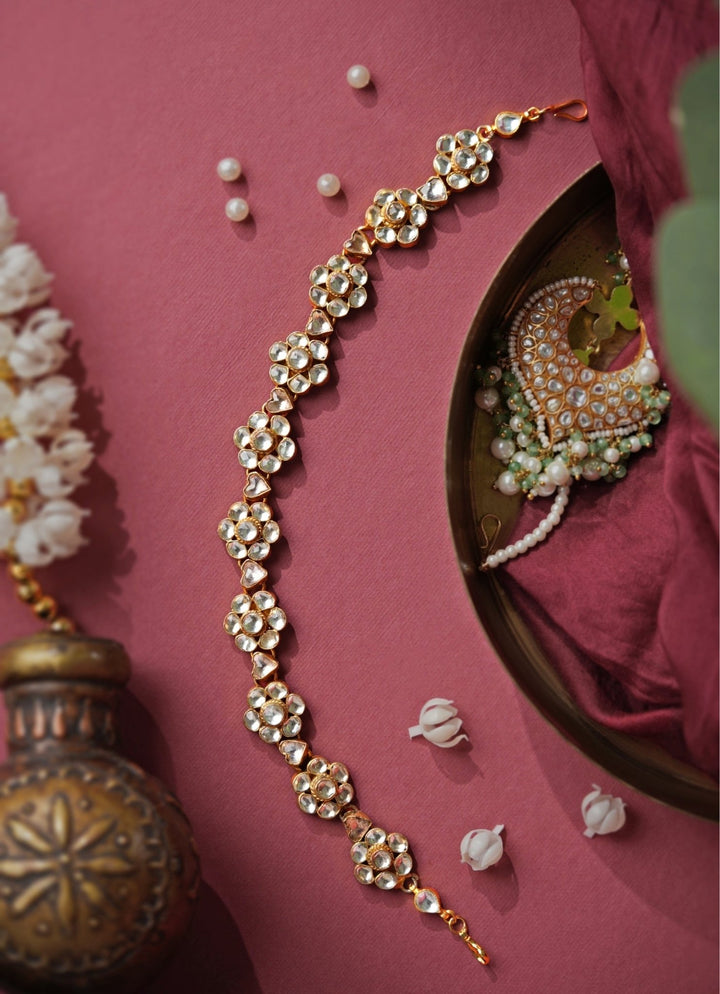 Floral Motifs Kundan Matte Gold Hairband Riana Jewellery - Fabilicious Fashion