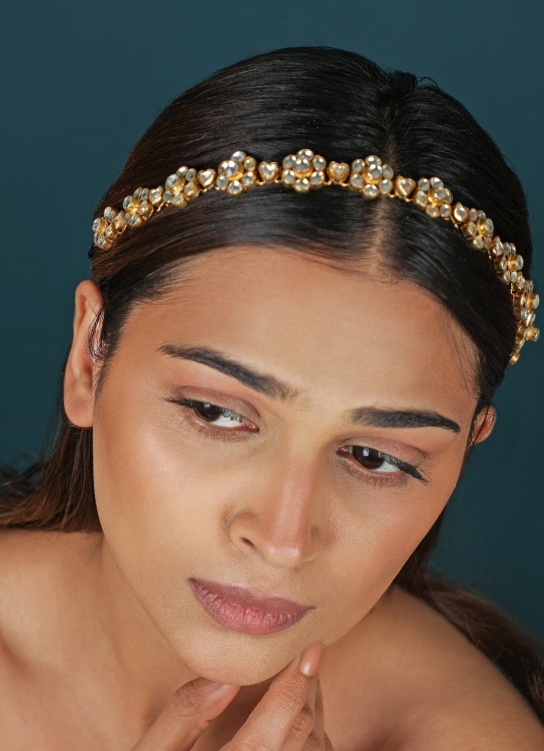 Floral Motifs Kundan Matte Gold Hairband Riana Jewellery - Fabilicious Fashion