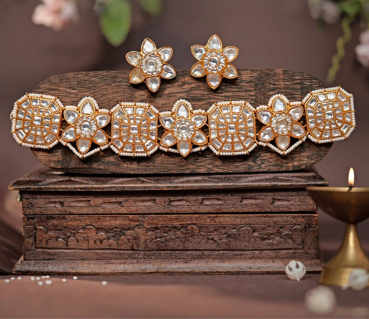 Floral Motifs Matte Gold Choker Set Riana Jewellery - Fabilicious Fashion