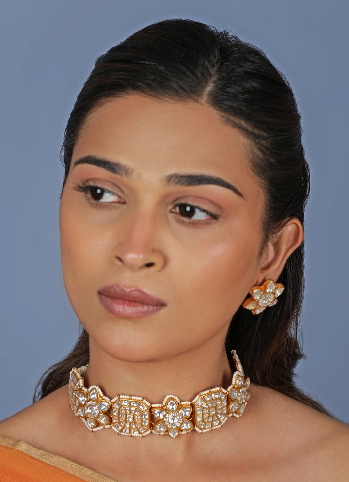 Floral Motifs Matte Gold Choker Set Riana Jewellery - Fabilicious Fashion