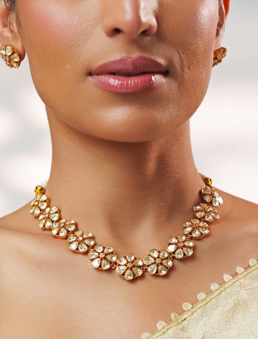 Floral Motifs Moissanite Stone Gold Necklace Set Zevar by Geeta - Fabilicious Fashion