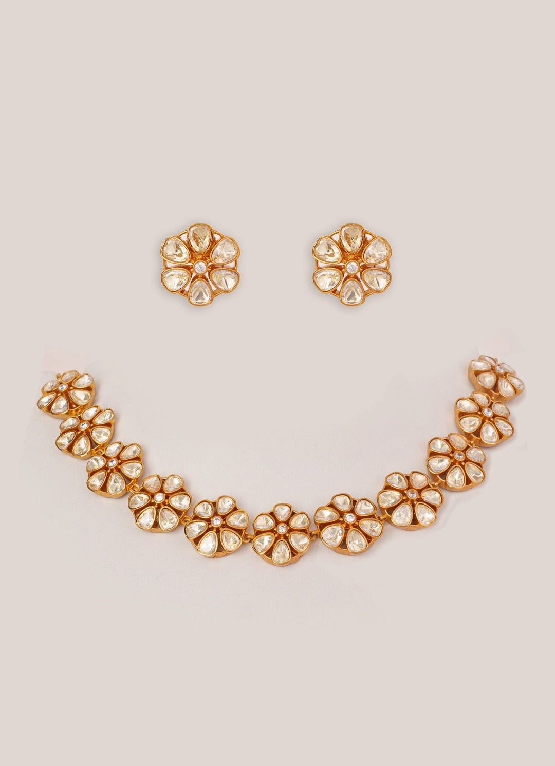 Floral Motifs Moissanite Stone Gold Necklace Set Zevar by Geeta - Fabilicious Fashion