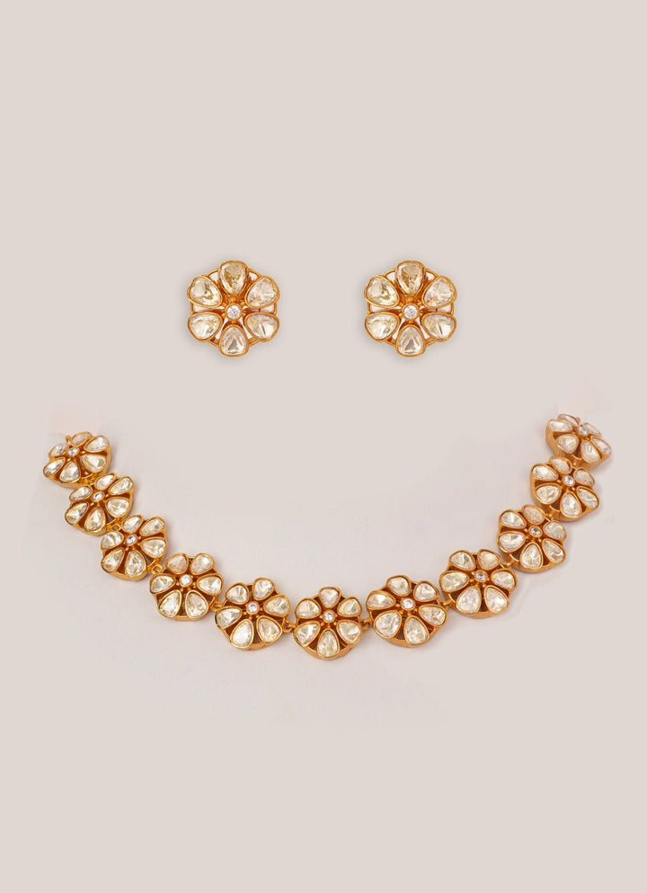 Floral Motifs Moissanite Stone Gold Necklace Set Zevar by Geeta - Fabilicious Fashion