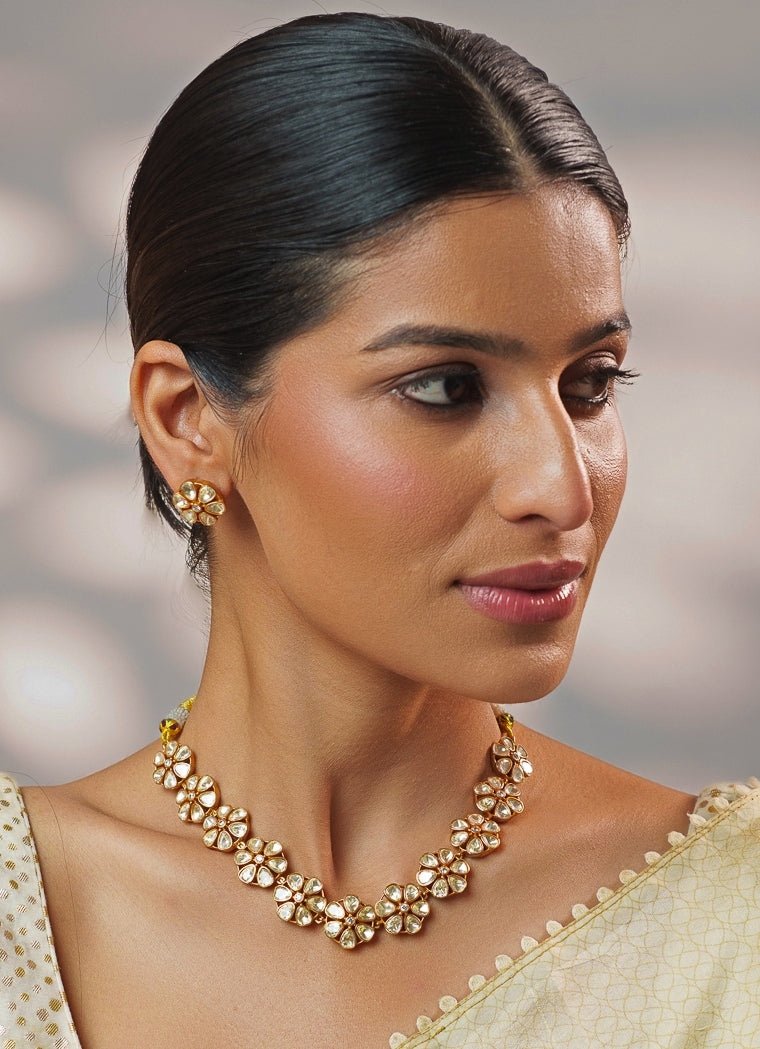 Floral Motifs Moissanite Stone Gold Necklace Set Zevar by Geeta - Fabilicious Fashion